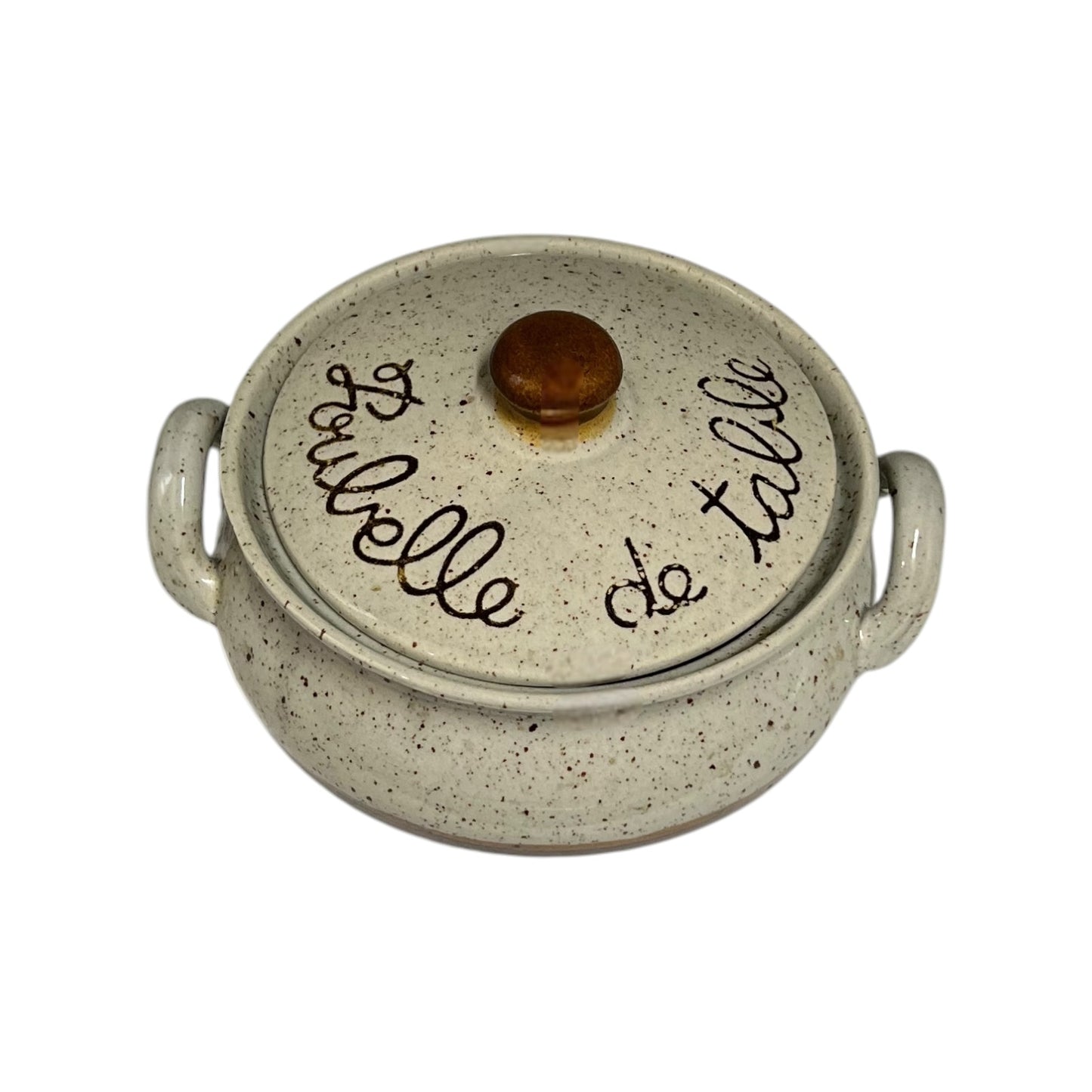 French vintage ceramic beige and brown speckled table bin with “Poubelle de Table” inscribed on the front, featuring a lid, perfect for a country cottage or for outdoor dining at a BBQ, displayed against a white background.