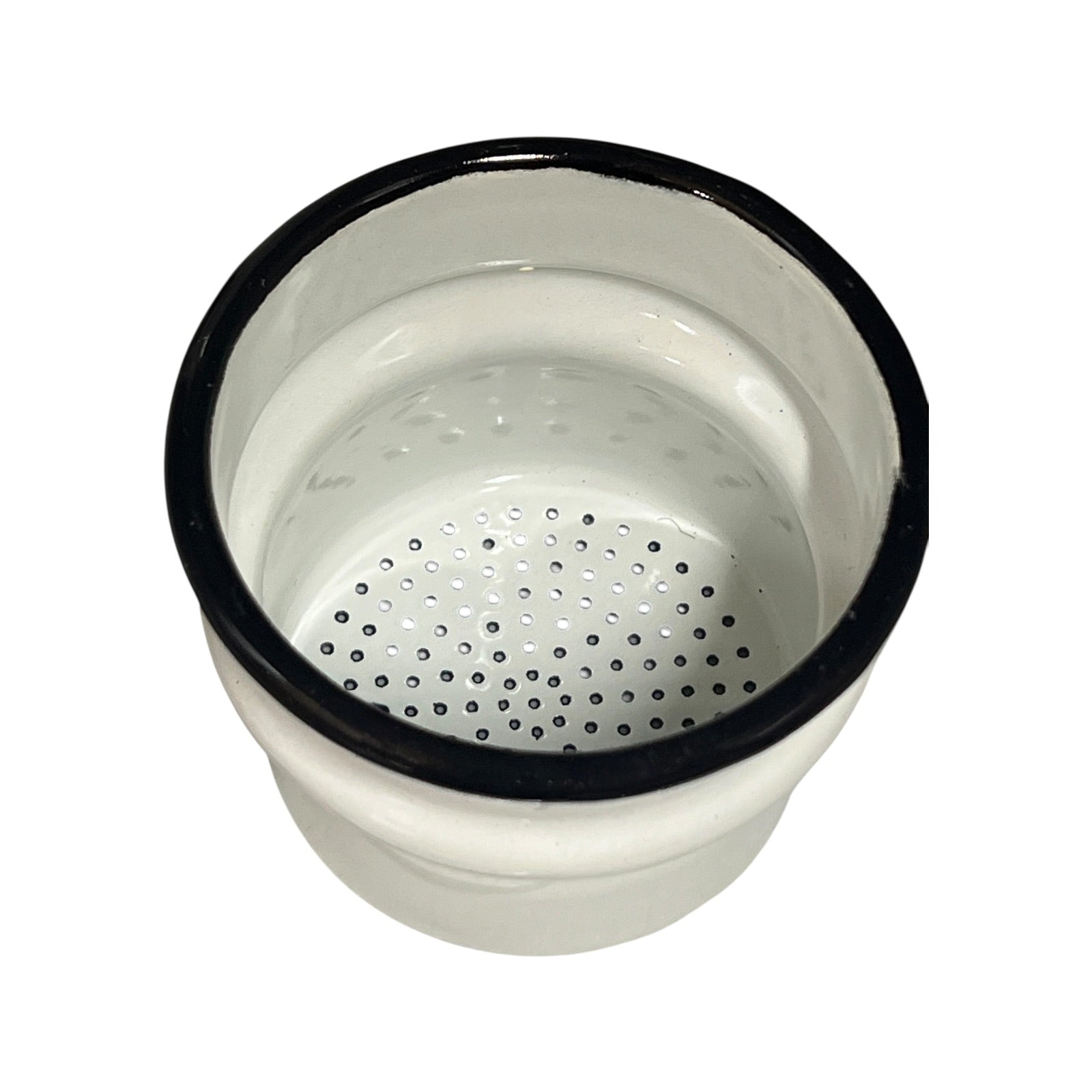 Close up of a French enamel coffee pot on a white background
