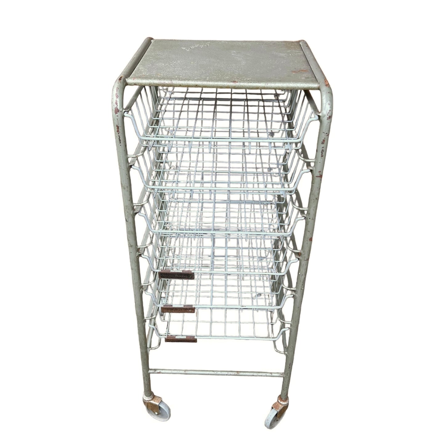 Vintage French Metal Drawer Trolley on Wheels, Industrial Mobile File Storage