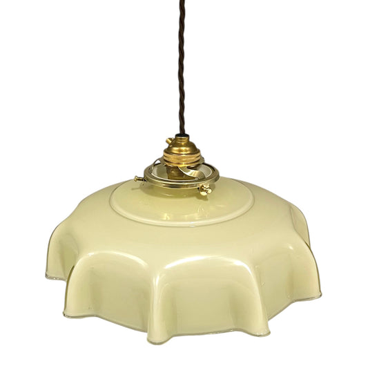 Vintage French milk glass pendant light with scalloped edge shade, brass gallery, and twisted brown fabric cord, rewired for UK use on a white background