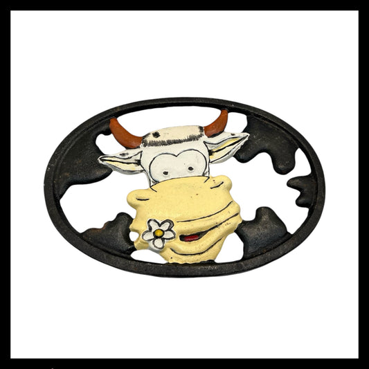 French Cast Iron Kitchen Pan Trivet Pot Stand with a Cow Decoration for sale from All Things French Store