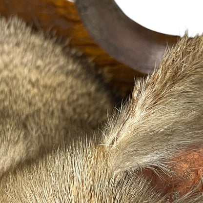 Close-up of a textured animal fur or faux fur material in warm beige, tan, and brown tones, with a dark curved object and white background visible.