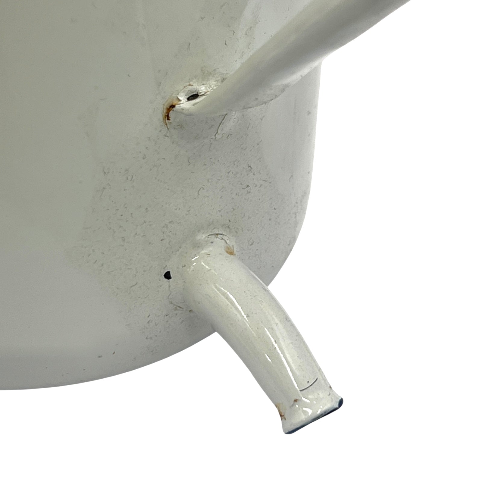 Close-up of a white enamel planter with a  spout on a white background