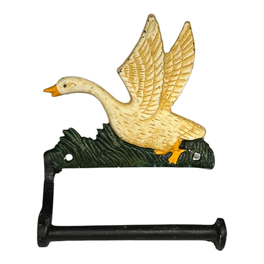 Decorative toilet paper holder with a goose design on a white background