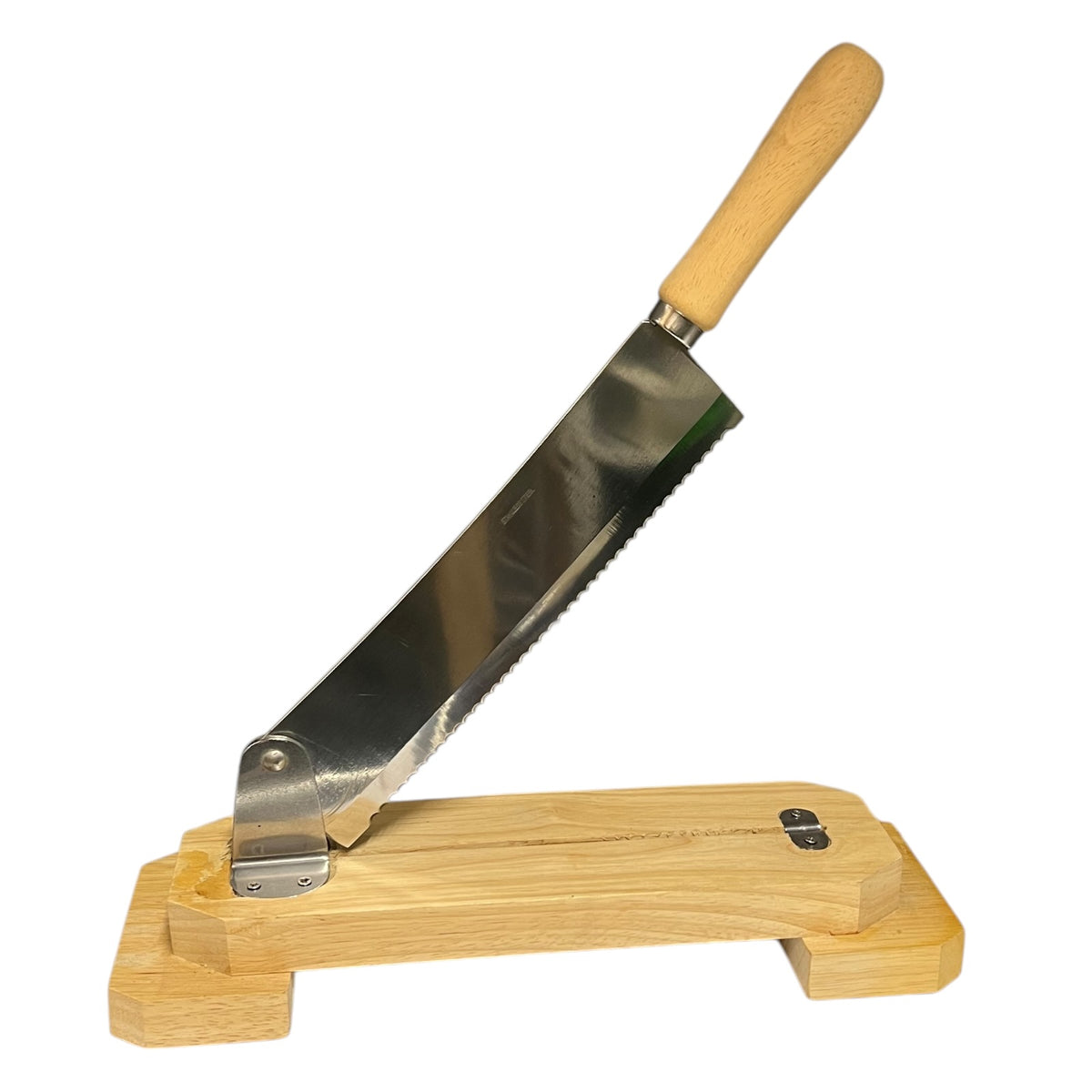 A wooden and metal bread knife with a serrated blade, resting on its matching wooden stand against a plain white background.