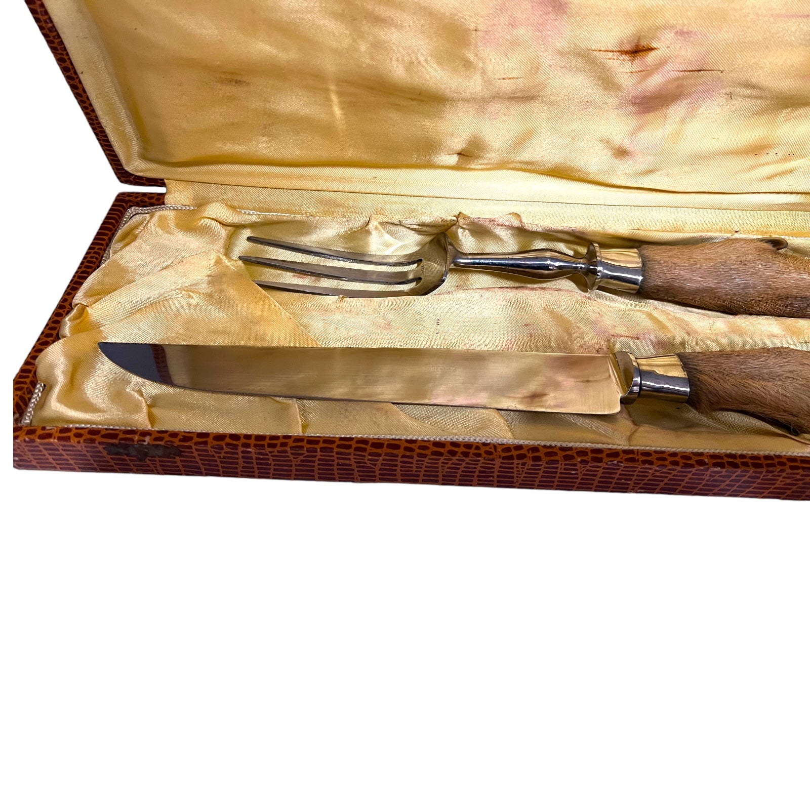 Vintage French Taxidermy Deer Hoof Handle Cutlery Set in original Box