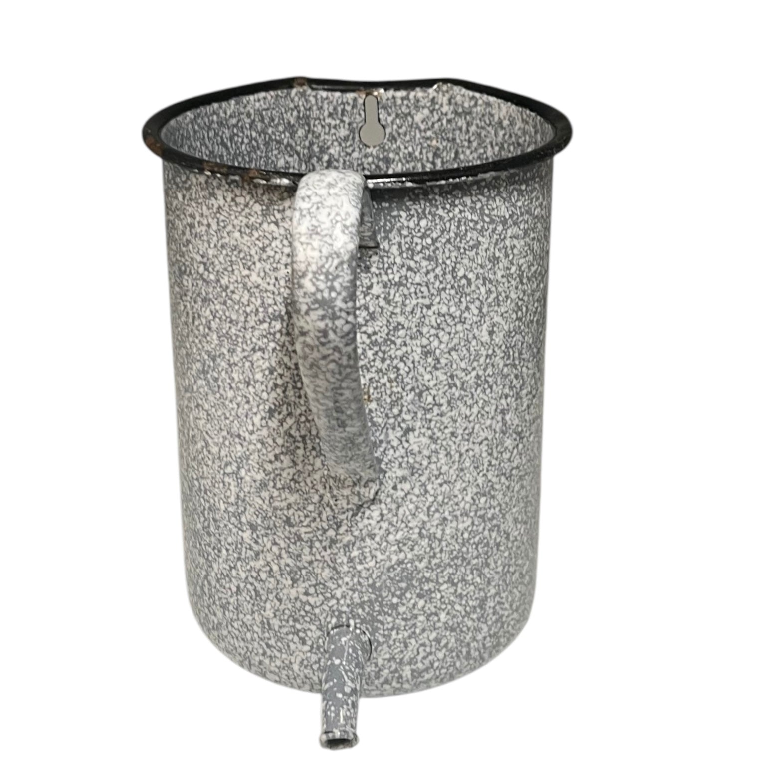 Vintage French grey and white speckled irrigator with a spout and a handle on a white background