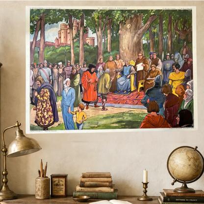 Decorative wall art of a historical scene with people in a forest setting, displayed on a wall above a desk with books and a globe.