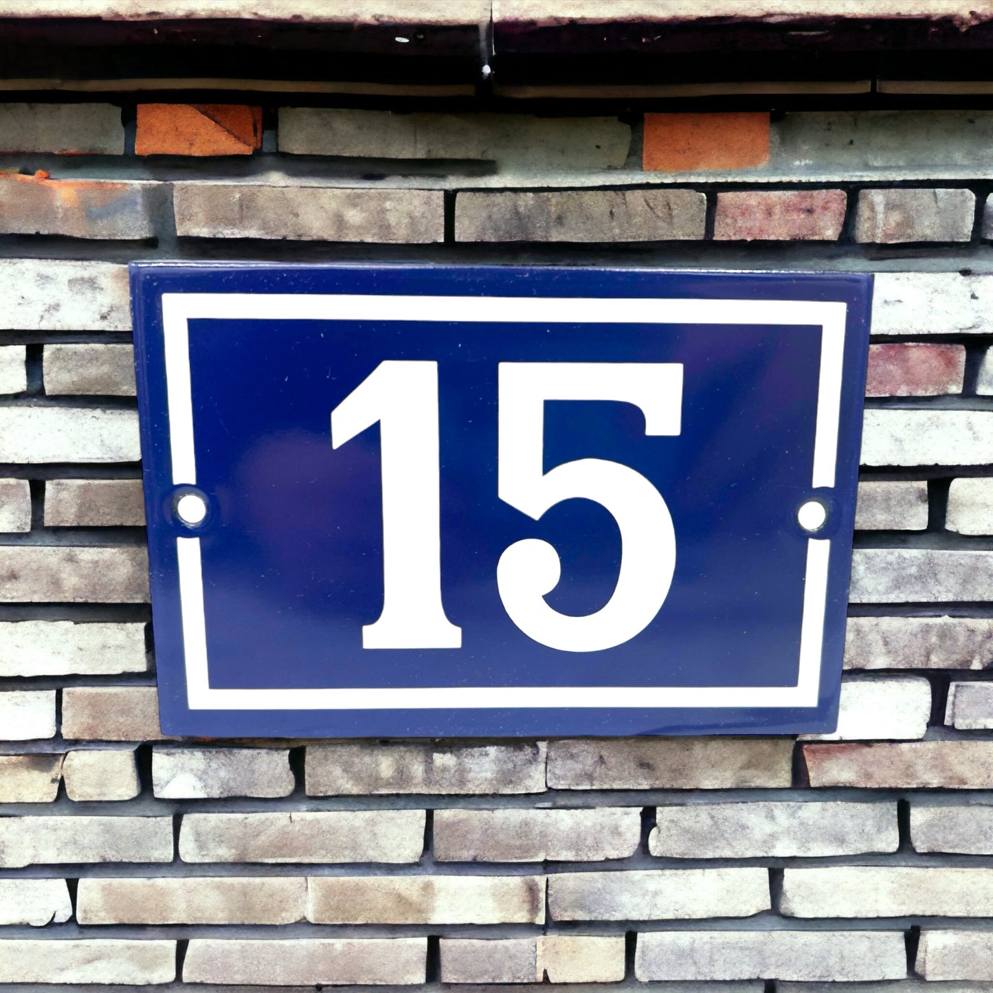 image French blue and white enamel door number 15