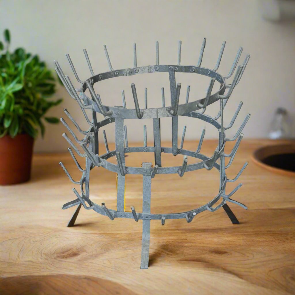 Vintage French Table Top Galvanised Metal Wine Bottle Dryer Rack Holder