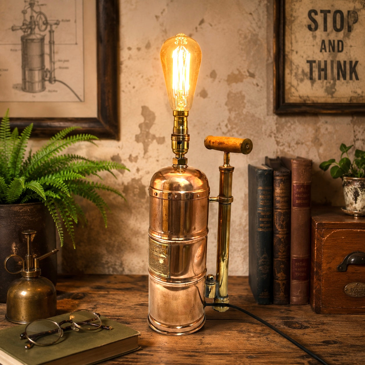 Vintage-style lamp with a lit bulb on a wooden surface, surrounded by books and plants.