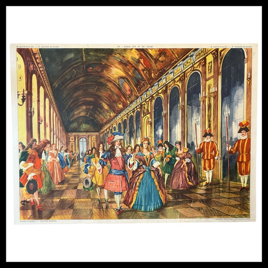 Vintage French Double Sided 1950s School Poster, Versailles Palace & Louis XIV Court for sale from All Things French Store