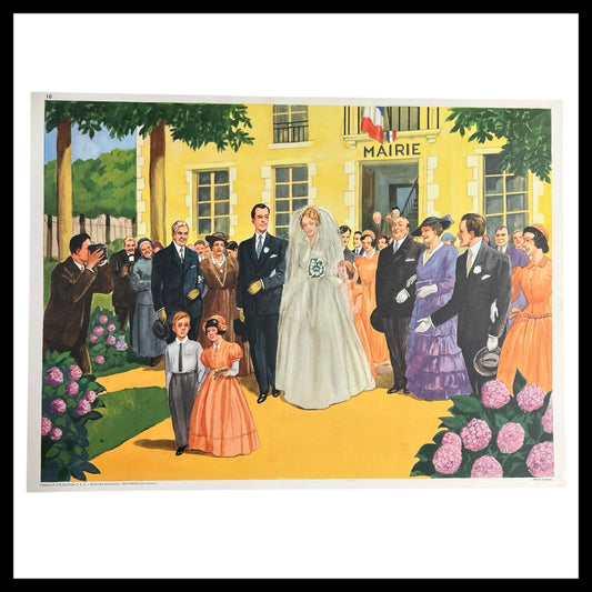 Vintage French Double Sided School Poster - Marriage & Birthday Scenes