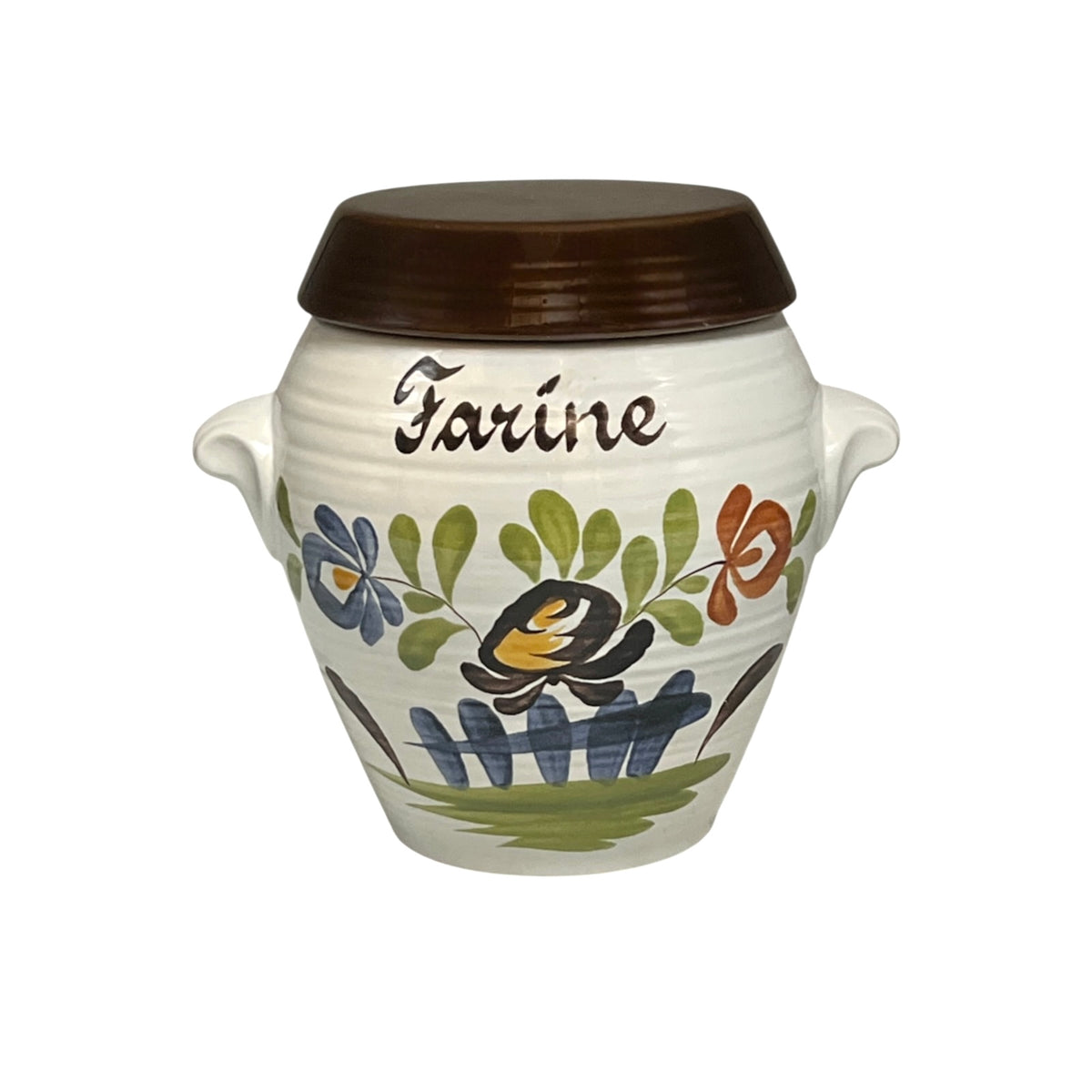 A ceramic French jar with a dark brown lid, white body, and colorful hand-painted floral motifs. The word 'Farine' is written in black cursive on the front.