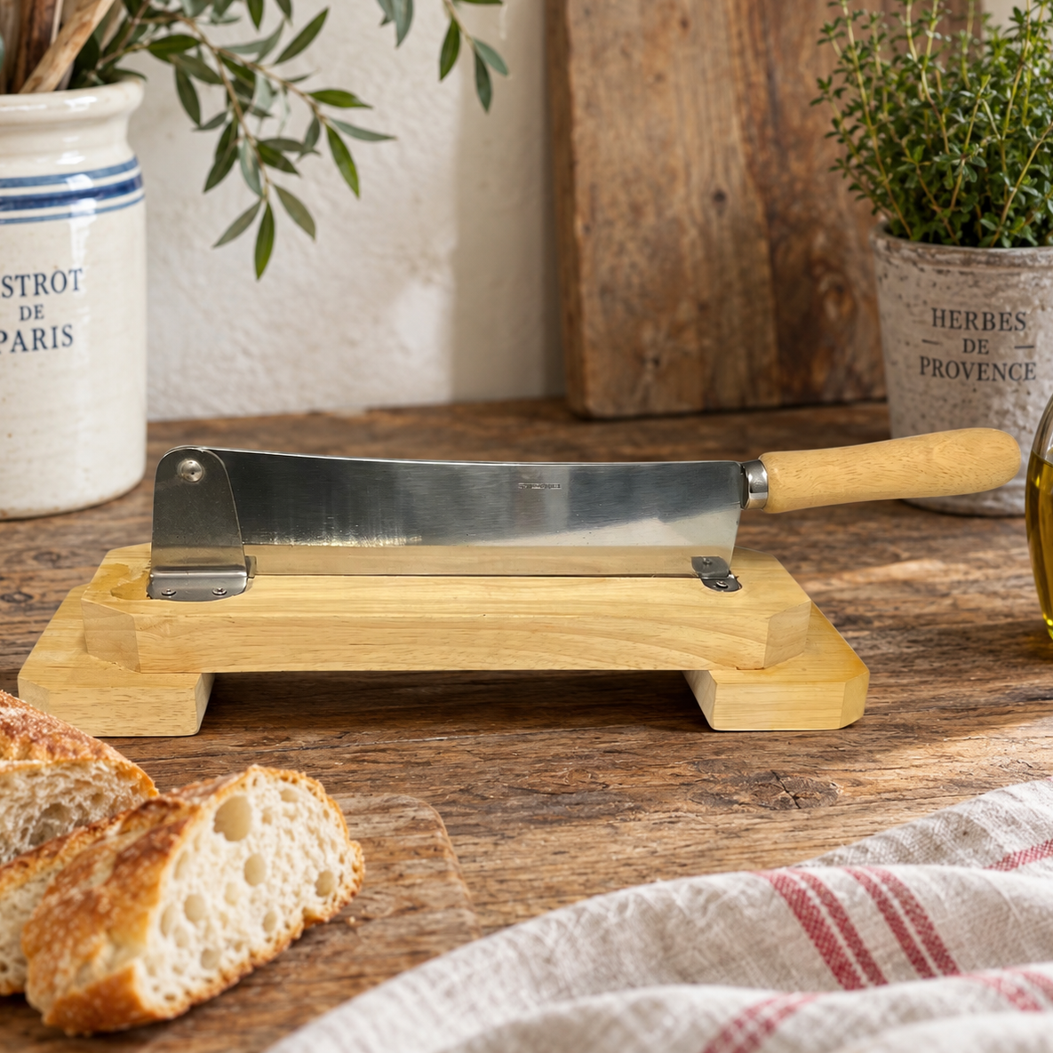 A wooden French baguette guillotine styled on a rustic wooden table with sliced bread, a striped cloth, and potted plants in the background.