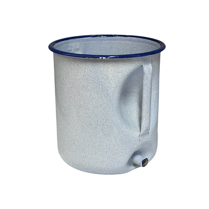 A vintage-style enamel planter with a speckled light blue body, a dark blue rim, and a side spout, shown on a plain white background.