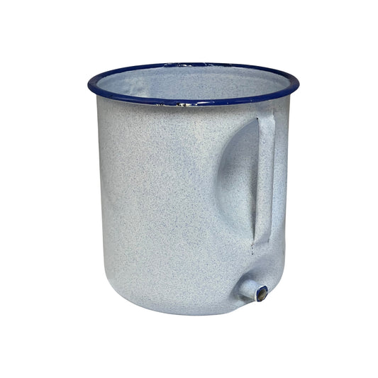 A vintage-style enamel planter with a speckled light blue body, a dark blue rim, and a side spout, shown on a plain white background.