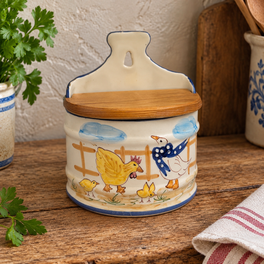 French ceramic salt pig on a countertop, farmyard decoration and a wooden lid 