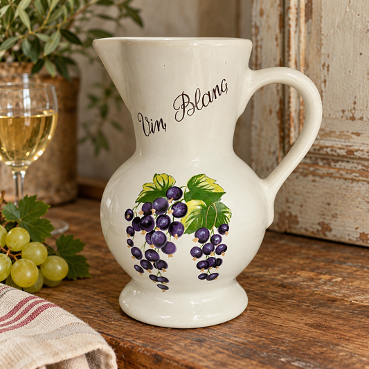 Vintage French ceramic white wine jug with cream glazed finish, decorative purple grape and green vine leaf design, and handwritten-style ‘Vin Blanc’ lettering. Featuring a flared pouring spout, curved handle and pedestal base, the 23cm tall jug is displayed on a rustic wooden farmhouse table alongside a glass of white wine, fresh grapes and striped linen, against a softly weathered French country kitchen backdrop.