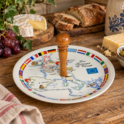 Vintage European cheese serving board displayed in a rustic farmhouse kitchen setting. The round white board features a colourful map of Europe with national flags around the rim, illustrations of regional cheeses and the French wording “Les Fromages d’Europe”, with a turned wooden central handle. Styled on a weathered wooden table with artisan bread, soft and hard cheeses, red grapes, olives, ivy, a striped linen cloth and vintage stoneware, creating an authentic French country kitchen atmosphere.
