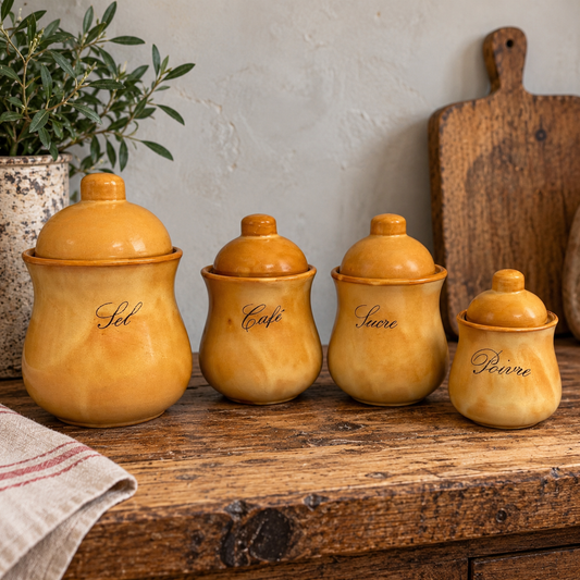 Set of four French glazed ceramic kitchen storage jars in warm honey ochre, labelled Sel, Café, Sucre and Poivre for salt, coffee, sugar and pepper, with matching domed lids and graduated sizes, displayed on a rustic wooden kitchen worktop against a light neutral wall with minimal French country styling.