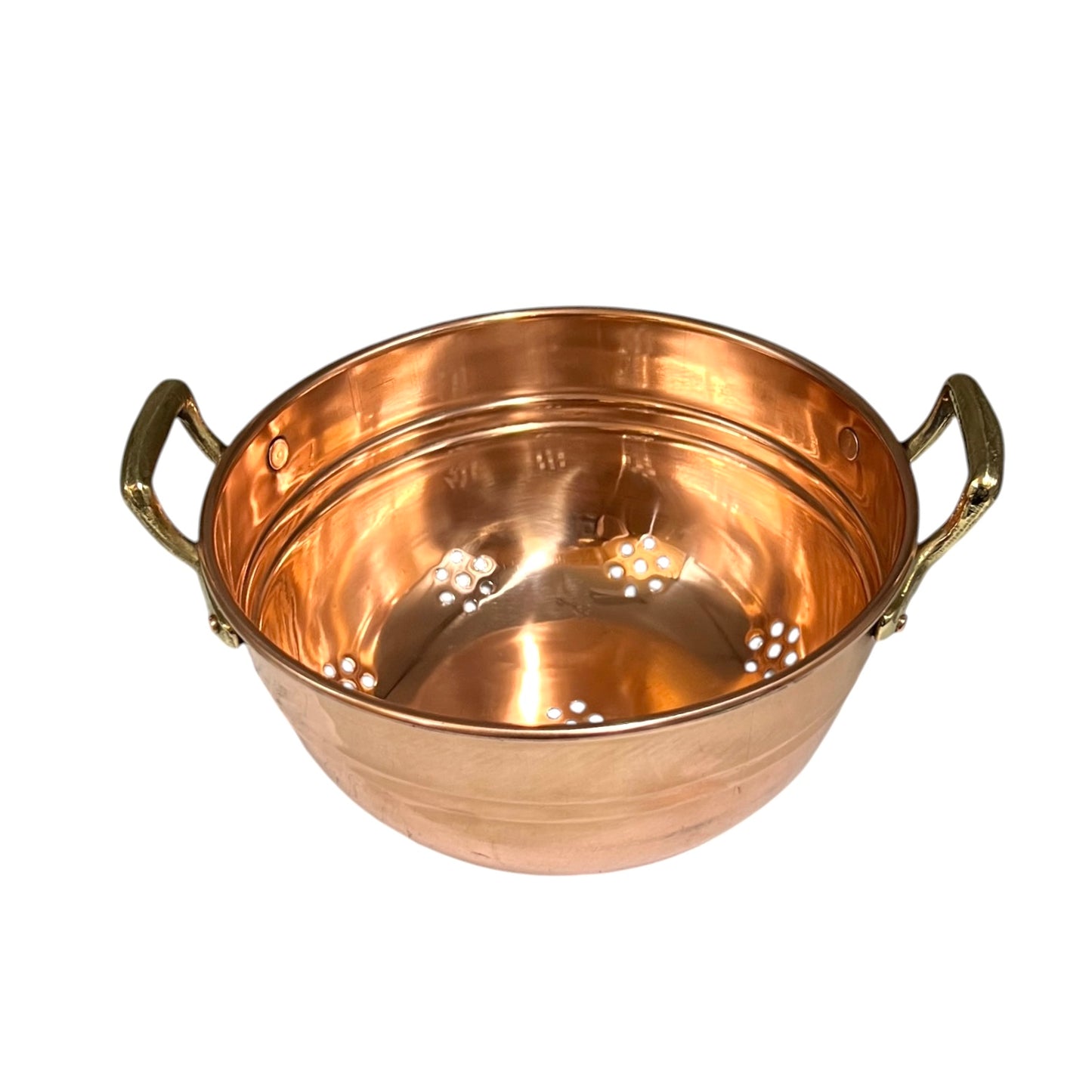 A copper colander with two side handles and a perforated bottom, shown on a plain white background.