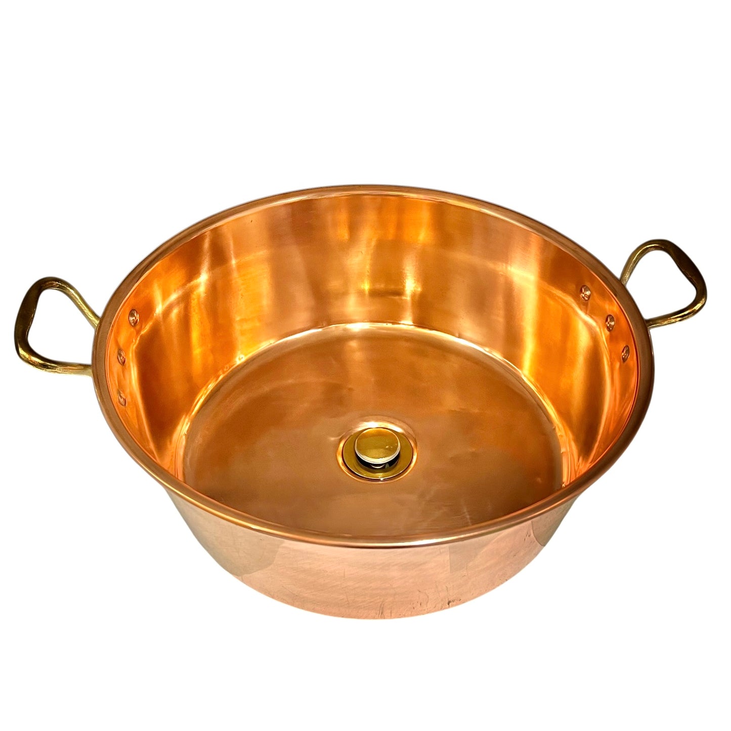 A copper basin with two side handles and a small central knob, photographed on a plain white background.