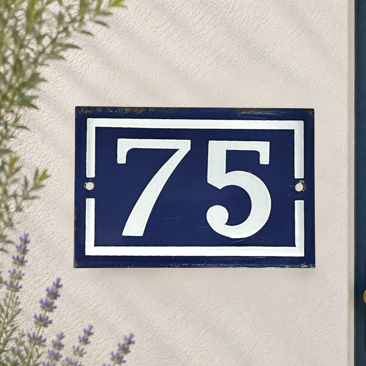A rectangular navy blue house number plaque with white lettering and border details number 75, mounted on a textured off-white wall with soft leaf shadows and small purple flowers in the foreground.