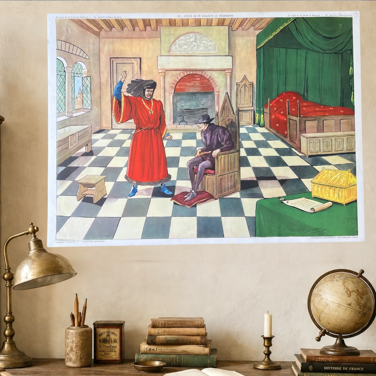 A large art print depicting a scene from French history displayed on a wall above a styled desk with books, a lamp, and a globe.