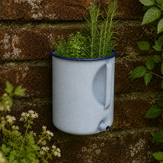 A light blue speckled enamel planter shaped like a classic metal camping mug, with a dark blue rim, mounted on a rustic brown brick wall and filled with green plants.