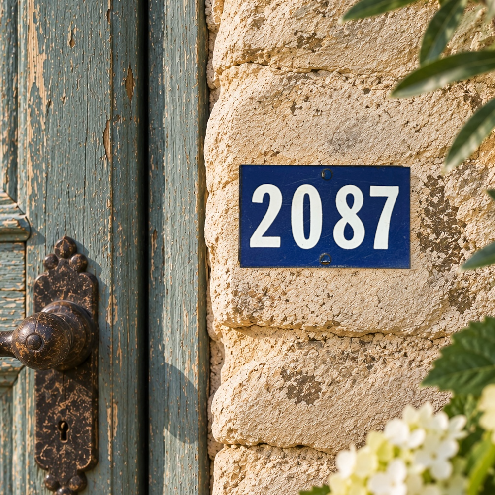 A blue house number plaque reading '2087' in white, mounted on a textured beige stone wall next to a weathered teal wooden door with an ornate rusted metal handle.