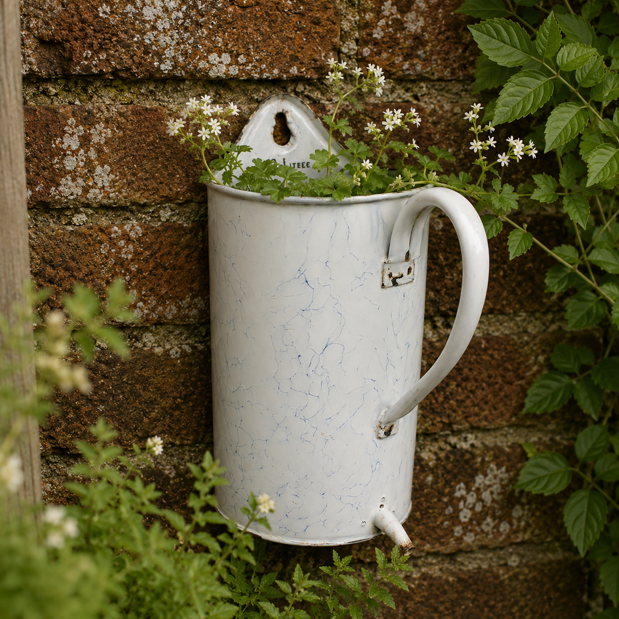 Vintage French enamel wall planter with white marbled finish displayed on an old brick wall, planted with white flowers in a charming rustic garden.