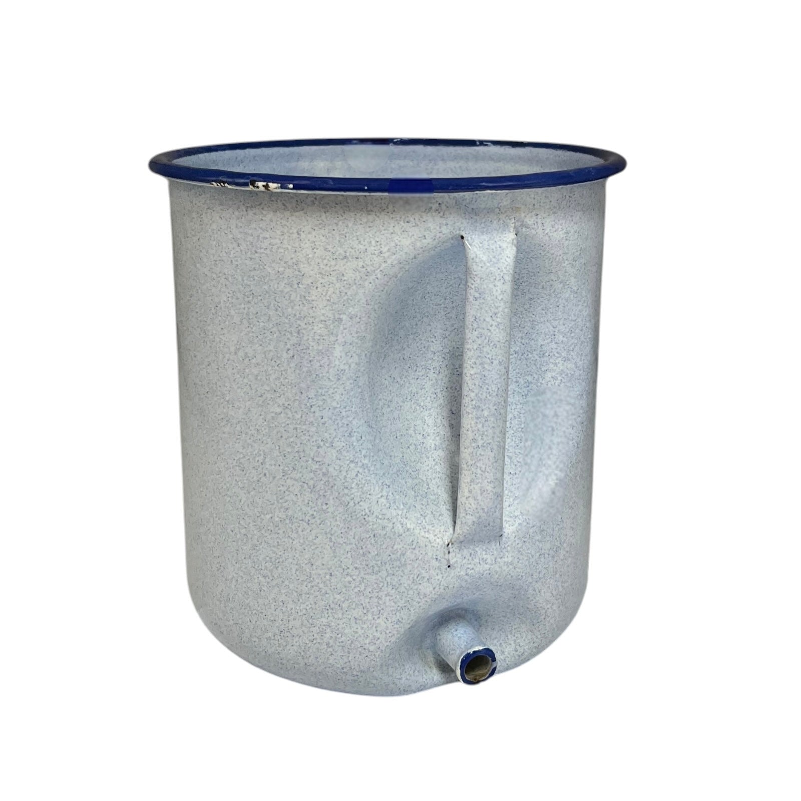 A vintage-style enamel metal wall planter with a speckled blue body, a dark blue rim, and a small spout at the bottom, shown against a plain white background.