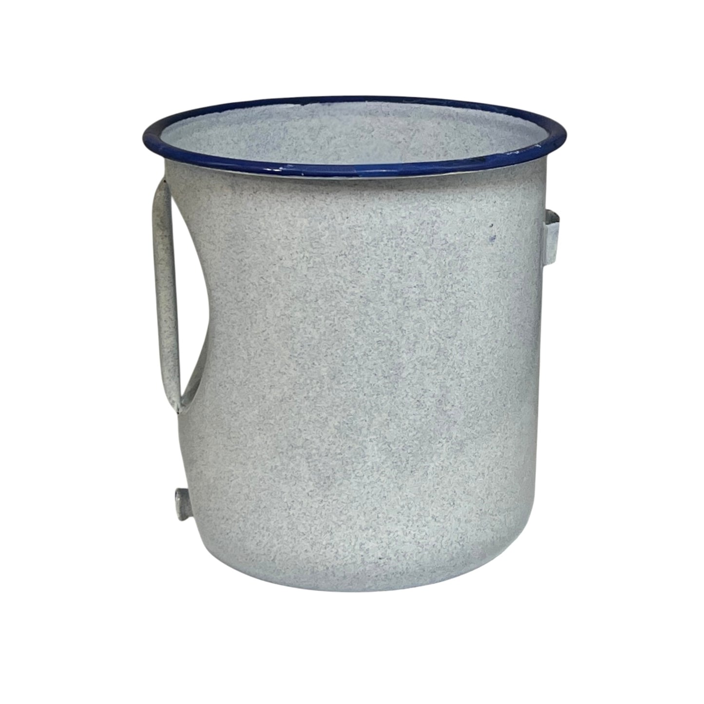 A French vintage flat backed enamel pot with a speckled blue finish, a dark blue rim, and a metal handle on a plain white background.