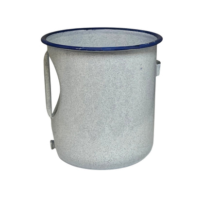 A French vintage flat backed enamel pot with a speckled blue finish, a dark blue rim, and a metal handle on a plain white background.