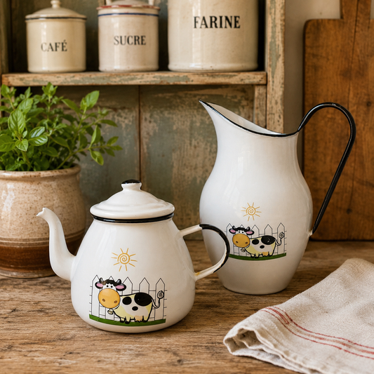 A white enamel teapot and matching pitcher set with black metal handles and spouts, decorated with a colourful cartoon cow and sun motif, displayed on a rustic wooden table with a potted plant and canisters in the background.