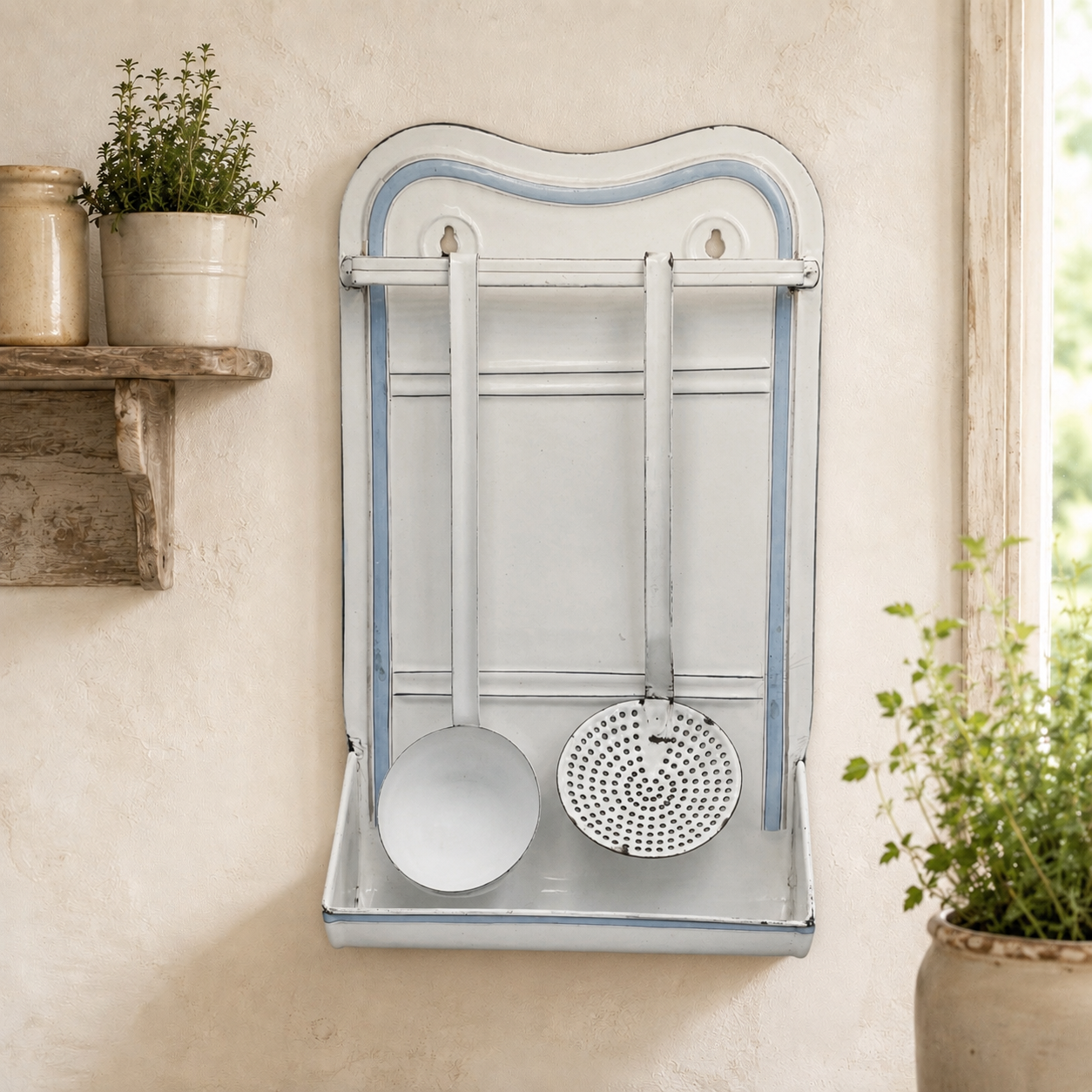 A wall-mounted vintage-style kitchen utensil rack in a distressed light blue and white finish, holding a ladle and a strainer, set against a warm beige plaster wall with potted plants nearby.