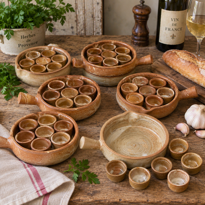 A rustic set of terracotta clay French escargots plates with integrated small bowls, arranged on a wooden table with bread, garlic, herbs, a wine bottle, and a glass of white wine.