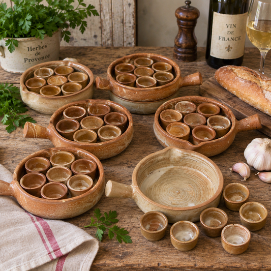 A rustic set of terracotta clay French escargots plates with integrated small bowls, arranged on a wooden table with bread, garlic, herbs, a wine bottle, and a glass of white wine.