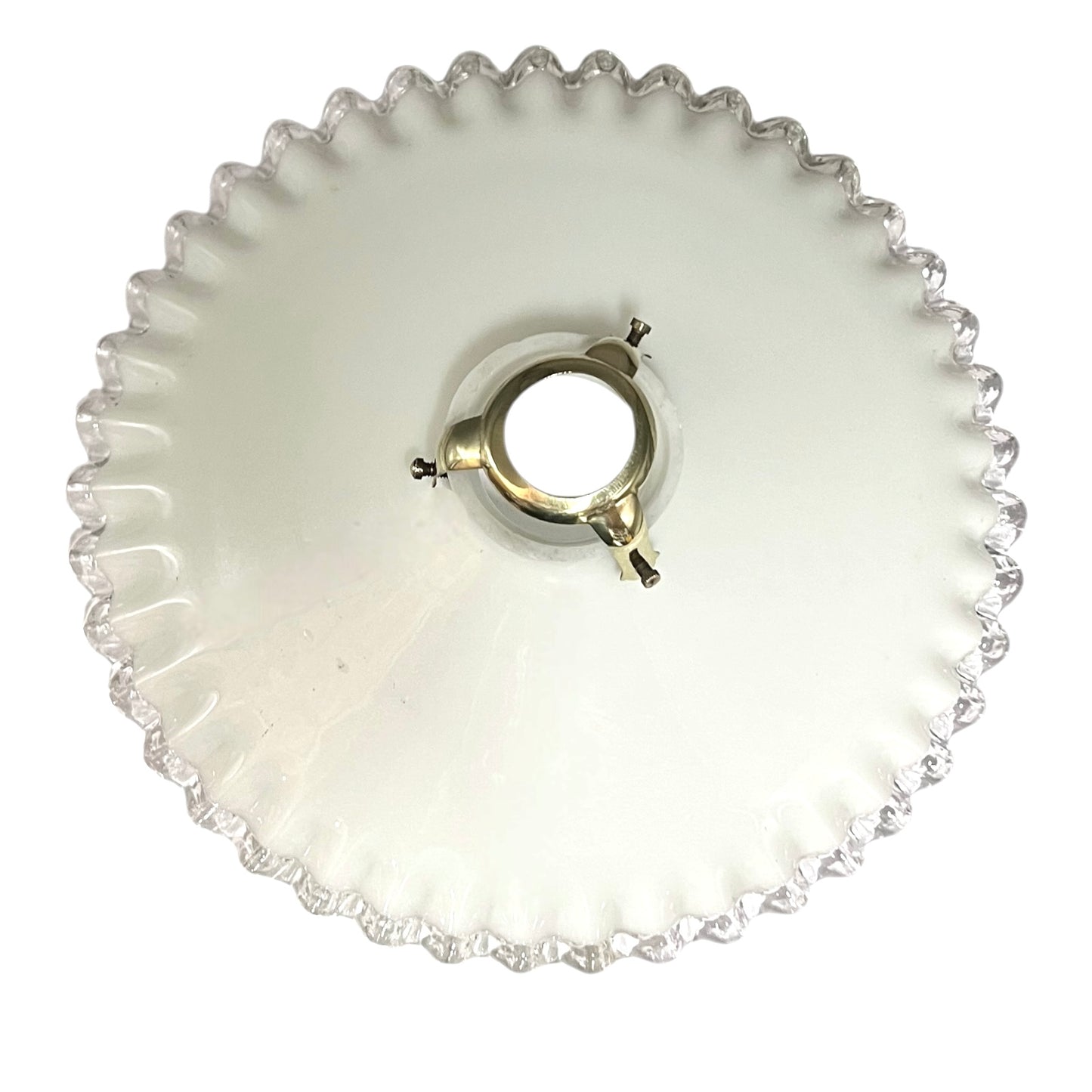 top view of a vintage French milk glass pendant lampshade with a brass gallery holder shown on a white background 