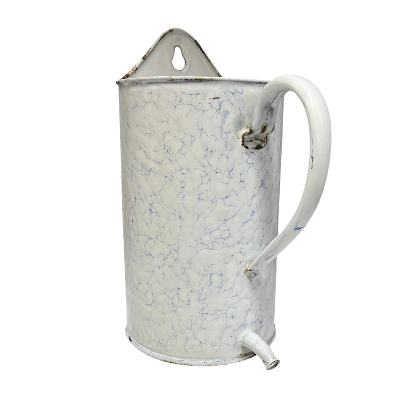 A vintage-style metal planter with a white enamel finish and fine blue marbled crackle pattern, featuring a carrying loop on the lid, a curved handle, and a small spout.
