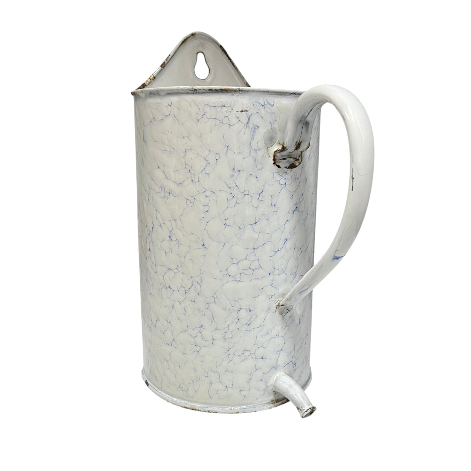 A vintage-style metal planter with a white enamel finish and fine blue marbled crackle pattern, featuring a carrying loop on the lid, a curved handle, and a small spout.