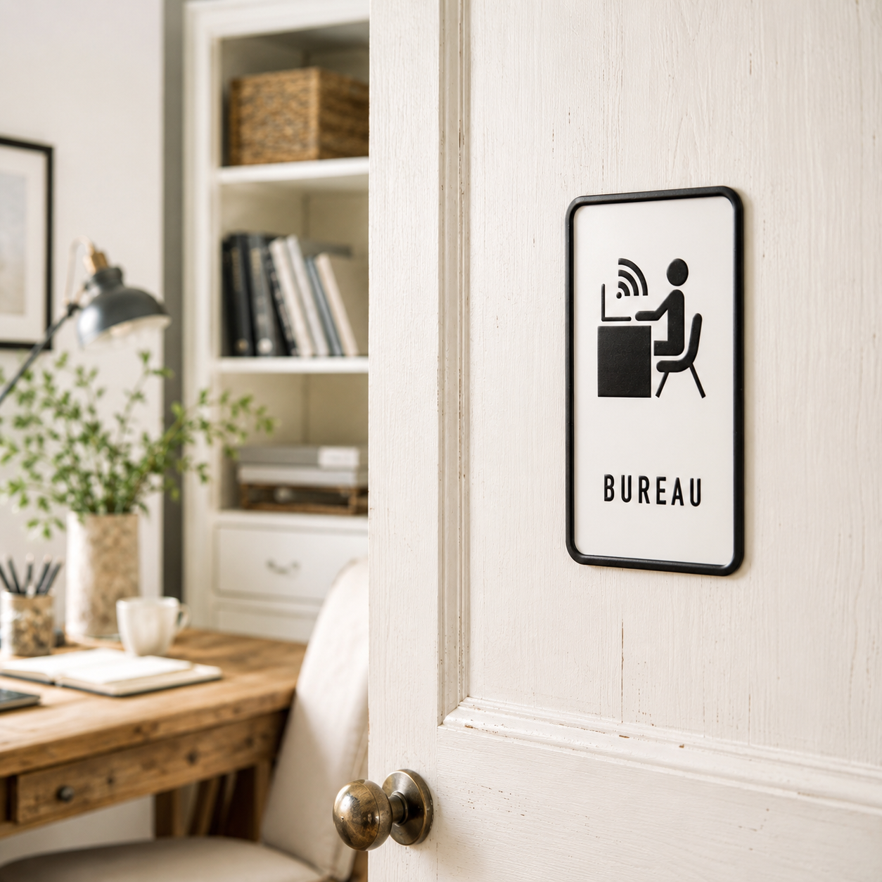 Framed 'Bureau' sign on a door in an office setting with a desk and bookshelf.