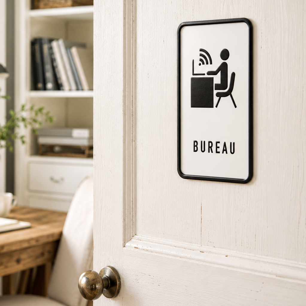 Decorative sign on a door with a desk and chair icon and 'BUREAU' text, in an indoor setting.