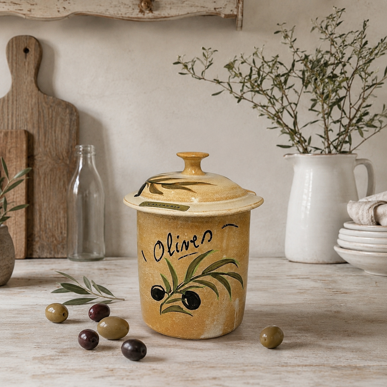 A rustic ceramic olive oil canister with a matching lid, decorated with a painted olive branch and the word 'Oliveo', styled on a wooden tabletop with olives, a white pitcher, and a wooden cutting board in the background.