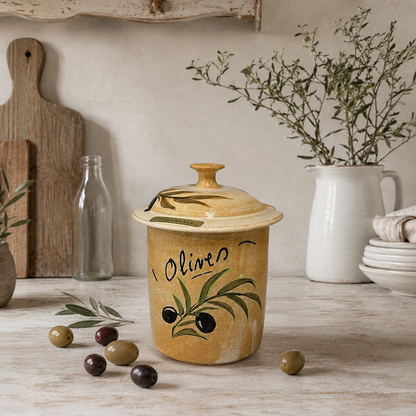 A rustic ceramic olive oil canister with a matching lid, decorated with a painted olive branch and the word 'Oliveo', styled on a wooden tabletop with olives, a white pitcher, and a wooden cutting board in the background.
