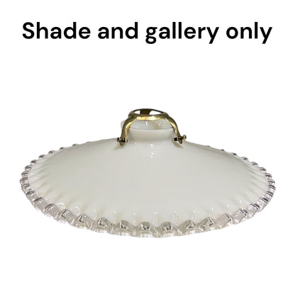 An off-white glass shade with a scalloped, fluted edge and a gold metal handle, shown against a plain white background with the text 'Shade and gallery only' at the top.