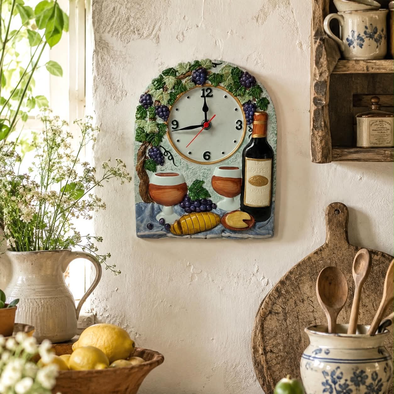 A decorative wall clock with a rustic French village theme, featuring grapes, wine bottles, bread, and cups on a blue background, mounted on a textured white wall in a cosy kitchen setting.