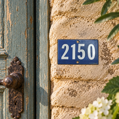French vintage blue and white enamel door number 2150 set on a stone wall beside a blue door