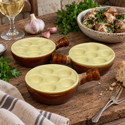 Three ceramic escargot dishes with brown handles and pale yellow interiors, arranged on a rustic wooden table with garlic, snails, wine glass, and bread.